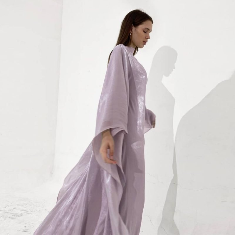 purple satin butterfly abaya side view